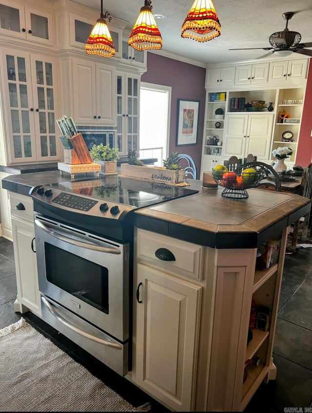 kitchen with open shelves, ornamental molding, white cabinets, and stainless steel electric stove