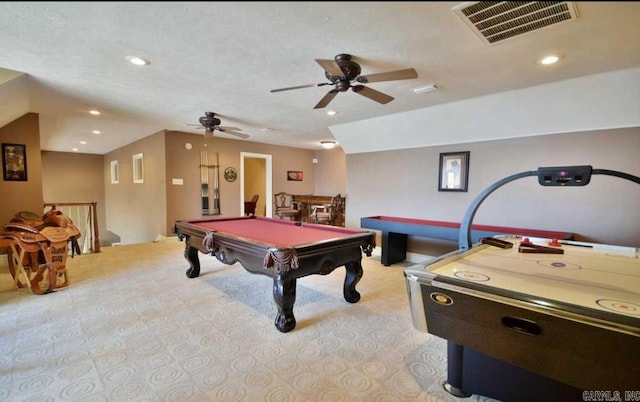 game room featuring vaulted ceiling, pool table, visible vents, and recessed lighting