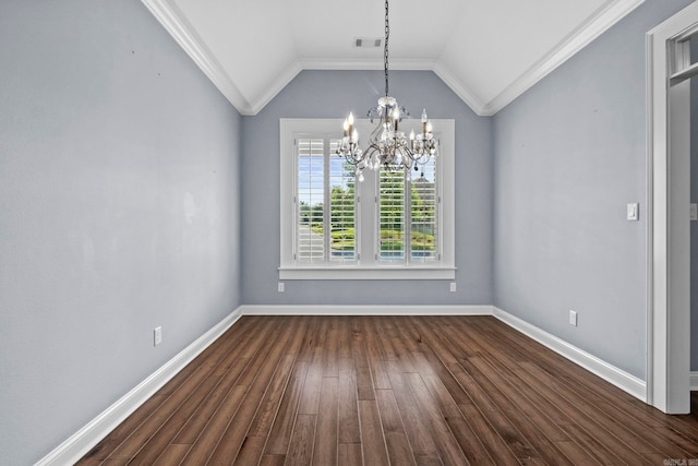 empty room featuring vaulted ceiling, crown molding, dark wood-style flooring, and baseboards