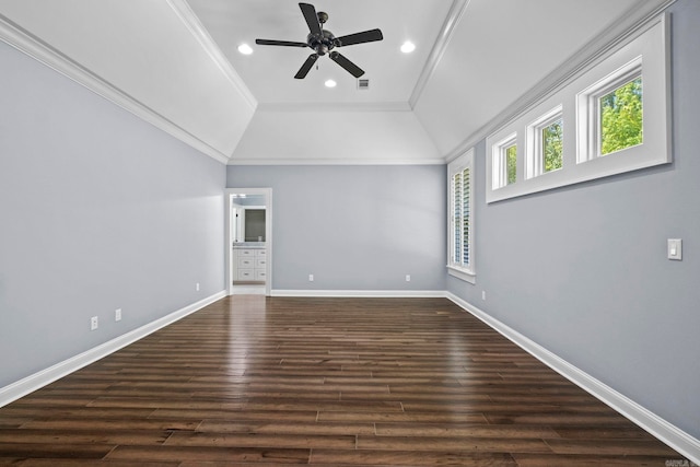 unfurnished room with baseboards, visible vents, ornamental molding, and dark wood-style flooring