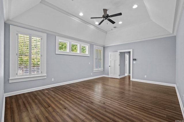 spare room featuring baseboards, dark wood-style floors, ceiling fan, crown molding, and recessed lighting