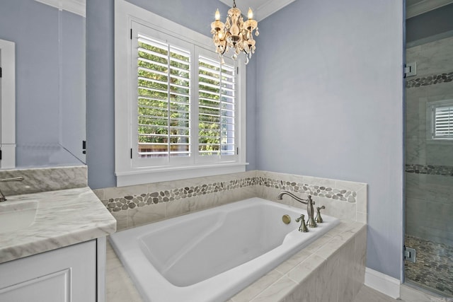 bathroom with a garden tub, vanity, and a shower stall