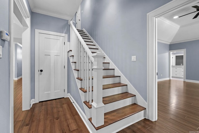 stairs featuring hardwood / wood-style flooring, ceiling fan, ornamental molding, and baseboards