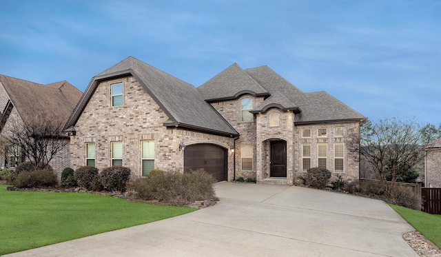 french country inspired facade featuring a garage, concrete driveway, brick siding, and a front yard