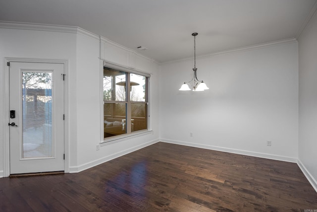 unfurnished dining area featuring baseboards, ornamental molding, dark wood finished floors, and a notable chandelier