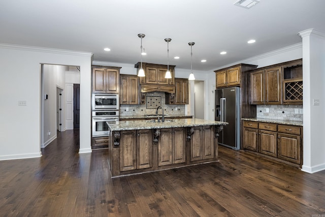 kitchen featuring custom range hood, appliances with stainless steel finishes, open shelves, and dark wood-type flooring