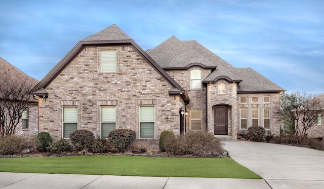 french provincial home featuring a shingled roof, brick siding, driveway, and a front lawn