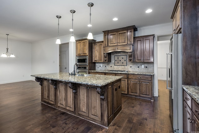 kitchen with stainless steel appliances, a kitchen breakfast bar, decorative backsplash, dark wood finished floors, and crown molding