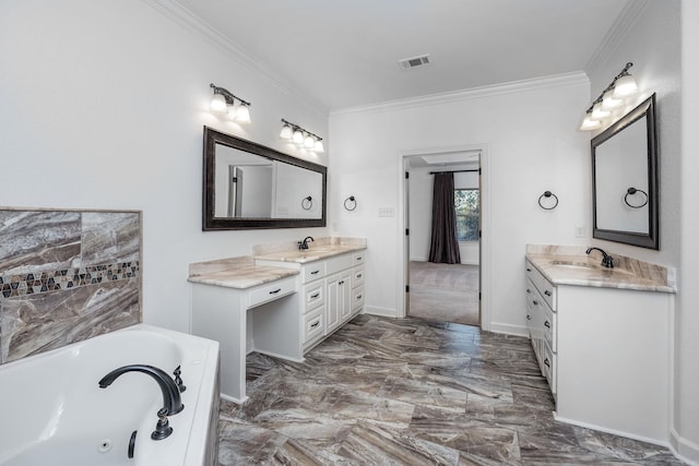 full bathroom featuring two vanities, a sink, visible vents, and crown molding