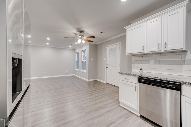 kitchen featuring decorative backsplash, stainless steel dishwasher, light wood-style floors, ornamental molding, and white cabinets