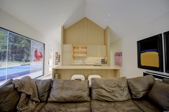 living area with high vaulted ceiling and plenty of natural light