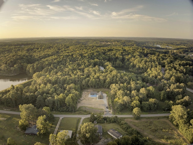 aerial view featuring a water view and a view of trees