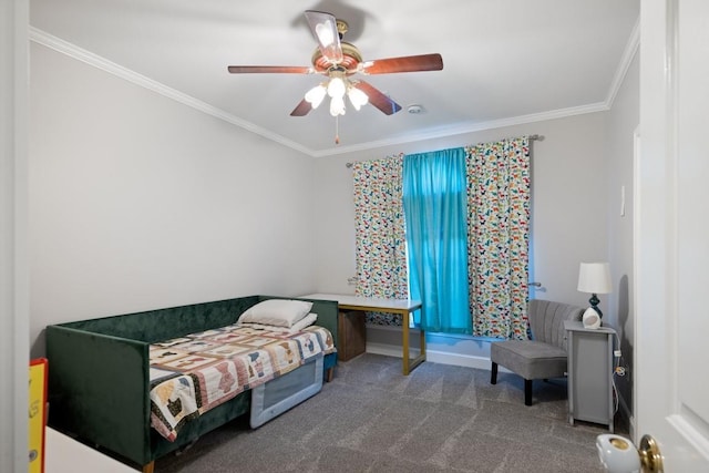 bedroom featuring carpet floors, ornamental molding, and a ceiling fan