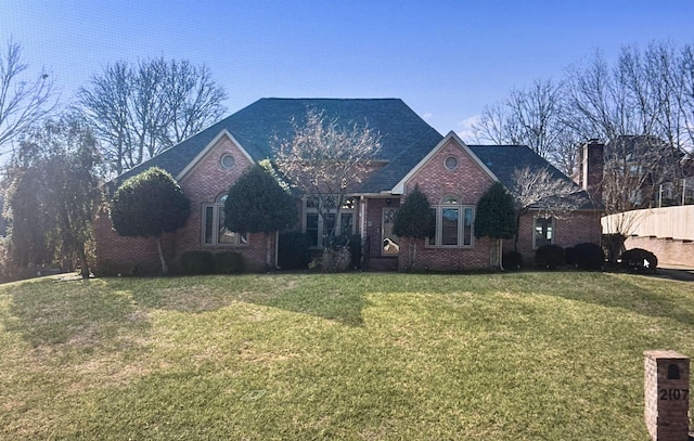 view of front of property featuring brick siding and a front yard