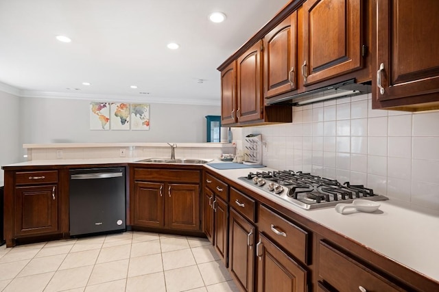 kitchen with dishwashing machine, crown molding, stainless steel gas stovetop, and a sink