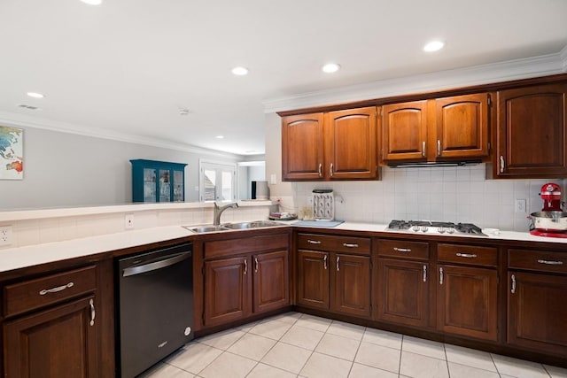 kitchen featuring stainless steel gas cooktop, a sink, backsplash, dishwasher, and crown molding