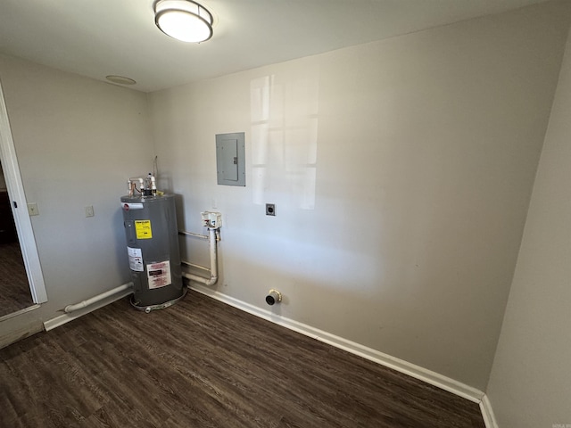 laundry room with dark wood-style flooring, electric water heater, electric dryer hookup, laundry area, and electric panel