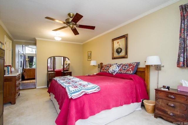 bedroom with light carpet, ceiling fan, and ornamental molding