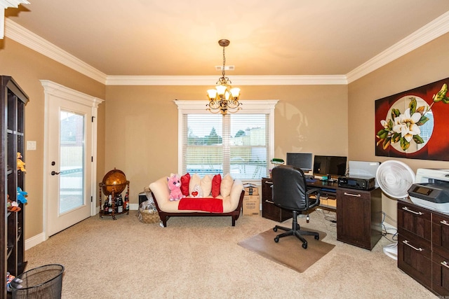 office area featuring ornamental molding, light colored carpet, and a notable chandelier