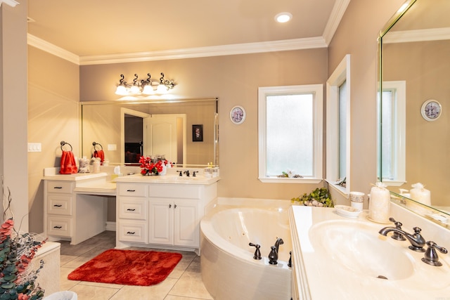 bathroom featuring crown molding, a tub with jets, two vanities, and a sink