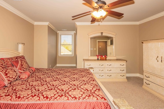 bedroom featuring ornamental molding, carpet flooring, a ceiling fan, and baseboards