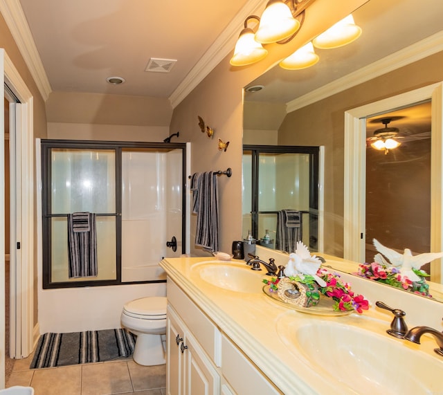 full bath featuring tile patterned flooring, crown molding, visible vents, and a sink