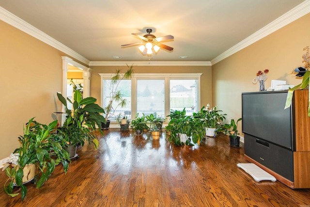 living area featuring ornate columns, ceiling fan, wood finished floors, and crown molding