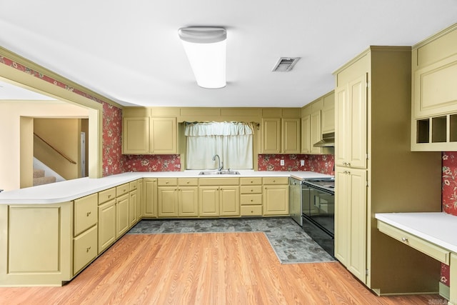 kitchen with under cabinet range hood, a sink, visible vents, light countertops, and black electric range oven