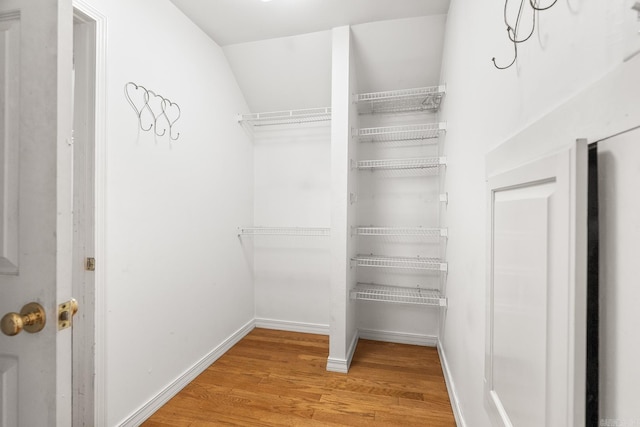 walk in closet with light wood finished floors