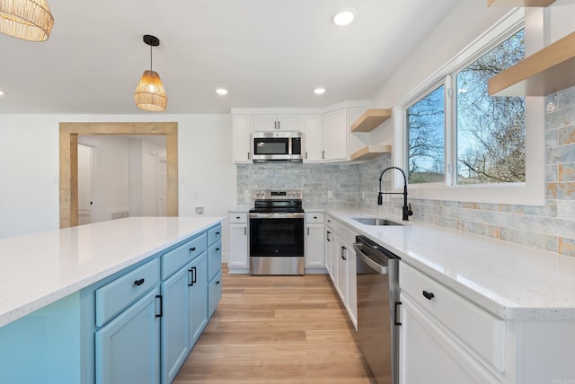 kitchen featuring a sink, stainless steel appliances, white cabinetry, open shelves, and backsplash