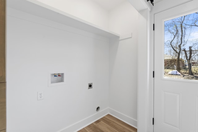 clothes washing area featuring washer hookup, plenty of natural light, electric dryer hookup, and wood finished floors