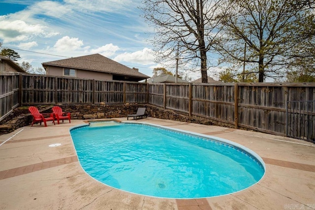 view of swimming pool featuring a fenced in pool, a fenced backyard, and a patio