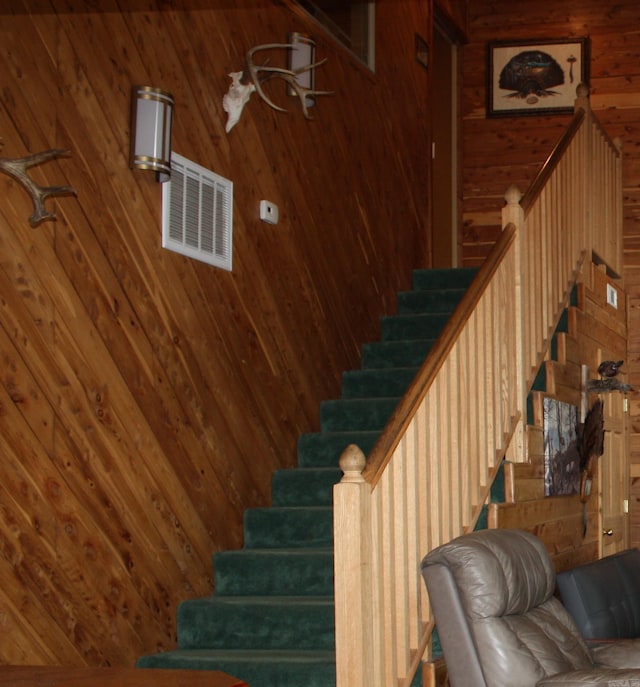 708 Kid Phillips Rd, Marshall, AR 72650 - stairs featuring visible vents and wooden walls