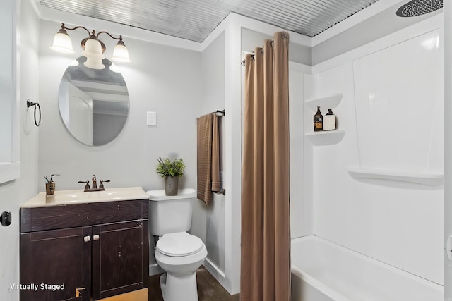 full bathroom with toilet, shower / bath combo with shower curtain, and vanity