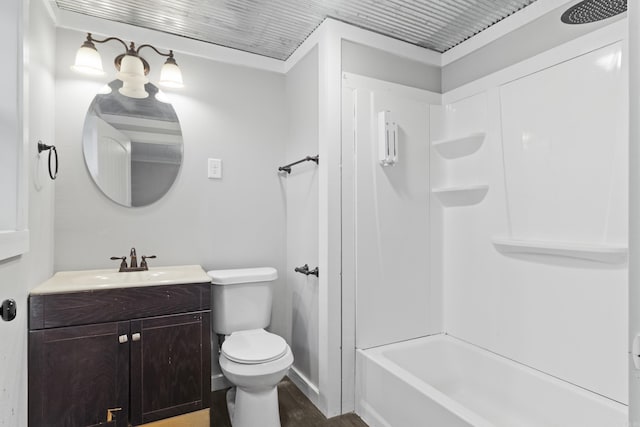 full bath with tub / shower combination, vanity, and toilet