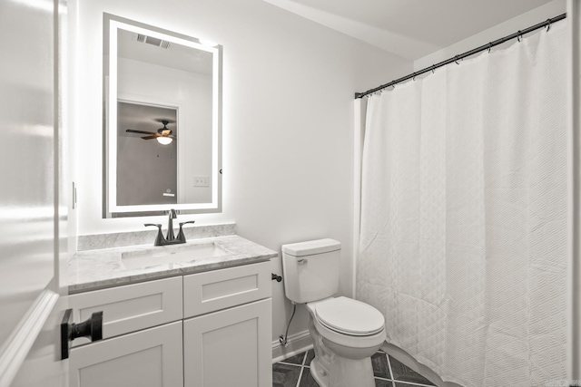 bathroom with tile patterned flooring, toilet, visible vents, vanity, and baseboards