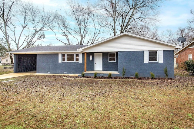 ranch-style house featuring crawl space, brick siding, driveway, and covered porch