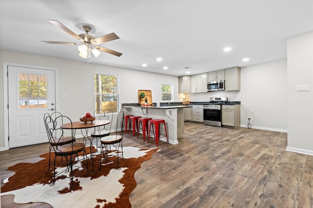 kitchen with dark countertops, a breakfast bar, wood finished floors, stainless steel appliances, and recessed lighting