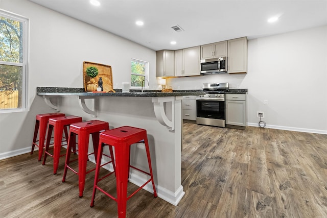 kitchen with stainless steel appliances, dark countertops, dark wood finished floors, and a kitchen bar