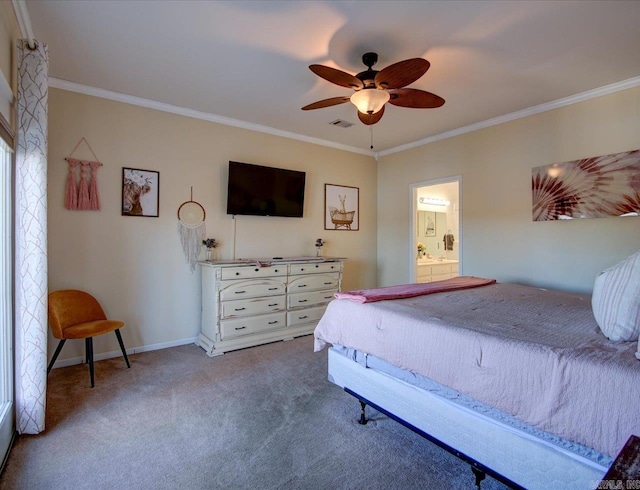 bedroom with carpet flooring, visible vents, baseboards, ornamental molding, and ensuite bath