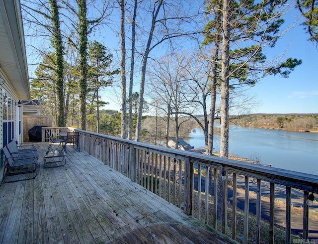 wooden deck featuring a water view