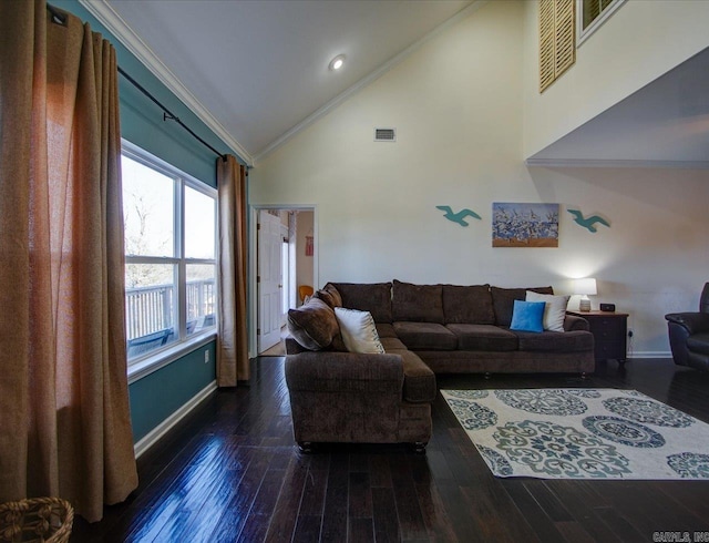 living room featuring baseboards, visible vents, ornamental molding, wood finished floors, and high vaulted ceiling