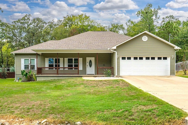 ranch-style house with a shingled roof, concrete driveway, an attached garage, covered porch, and a front lawn