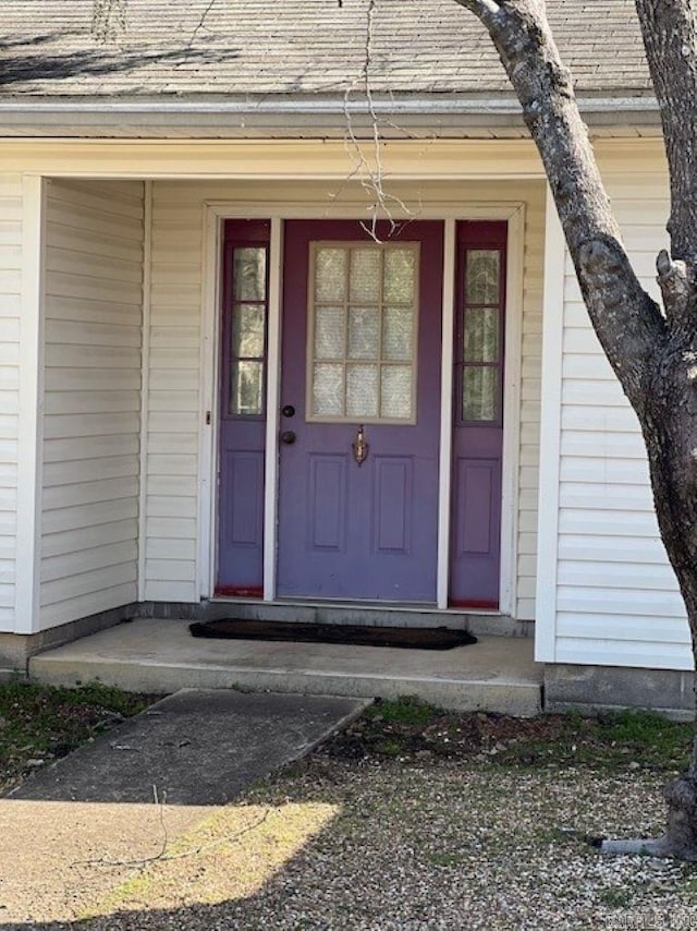 entrance to property with roof with shingles