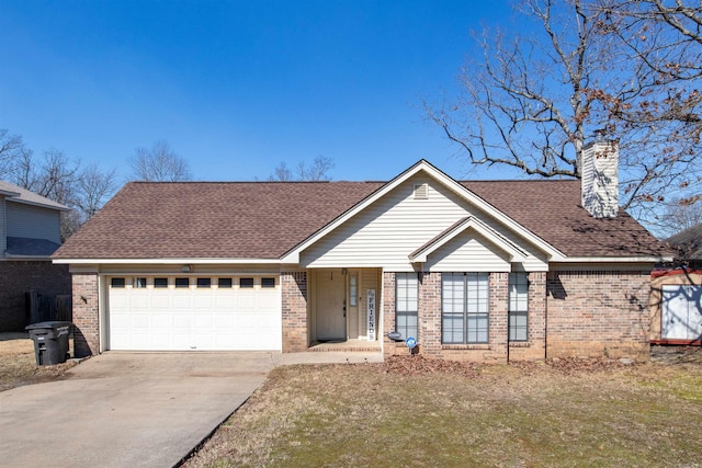 ranch-style home featuring an attached garage, brick siding, concrete driveway, roof with shingles, and a chimney