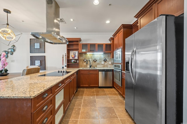 kitchen with decorative backsplash, appliances with stainless steel finishes, a sink, island range hood, and a peninsula