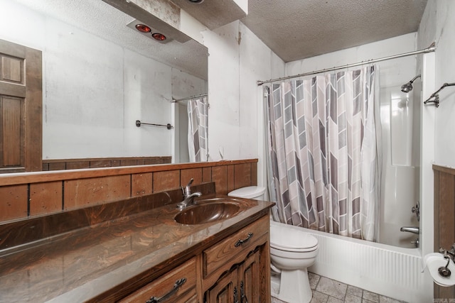 full bathroom with toilet, shower / bathtub combination with curtain, a textured ceiling, and vanity