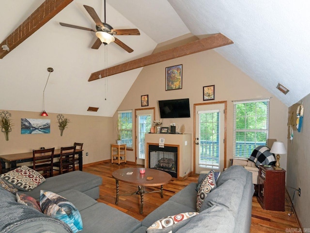 living area featuring a fireplace, wood finished floors, a wealth of natural light, and a ceiling fan