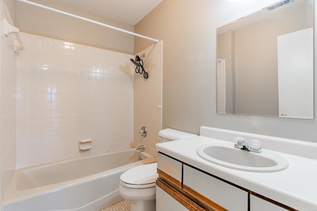 full bathroom with visible vents, toilet, shower / tub combination, a textured ceiling, and vanity