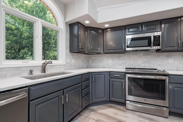 kitchen with stainless steel appliances, a sink, light wood-style floors, light countertops, and backsplash